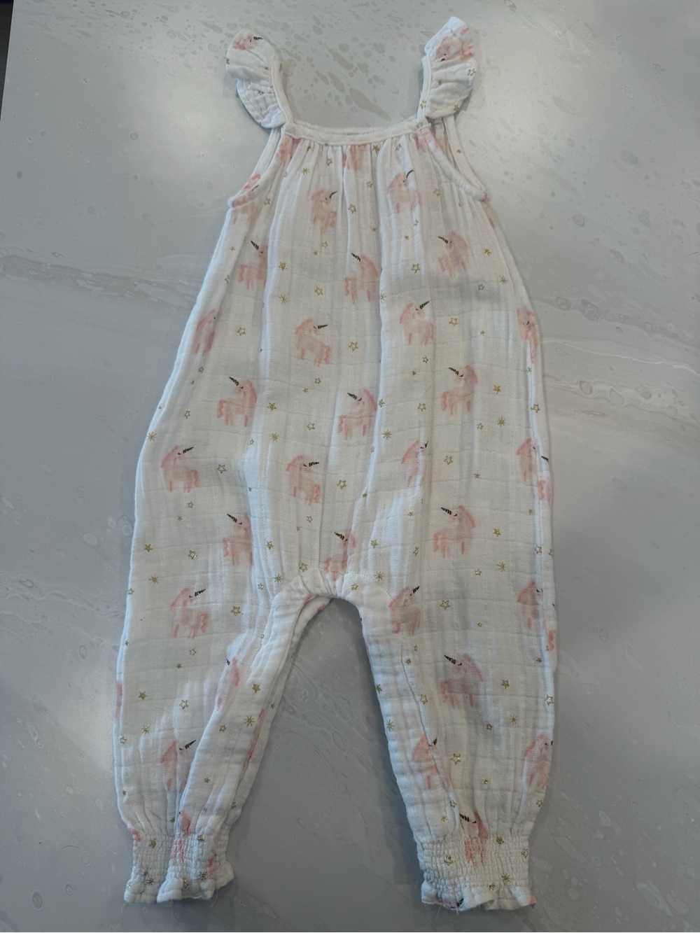 MUDPIE 24M/2T Girls White Muslin Romper with Pink Unicorn Print